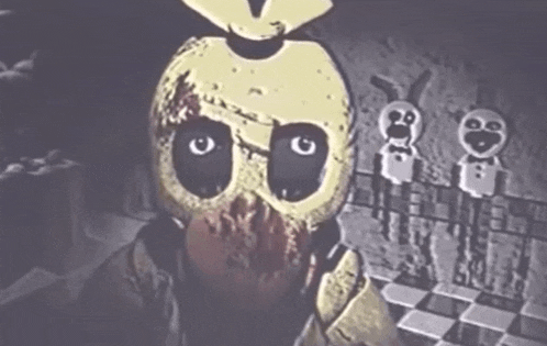a cartoon of a chicken with a bloody face standing next to a checkered floor and a wall .