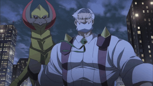 a man in a white shirt and suspenders stands next to a monster