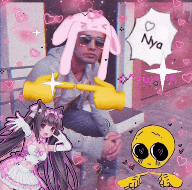 a picture of a man wearing a pink bunny hat and a girl with a bow on her head