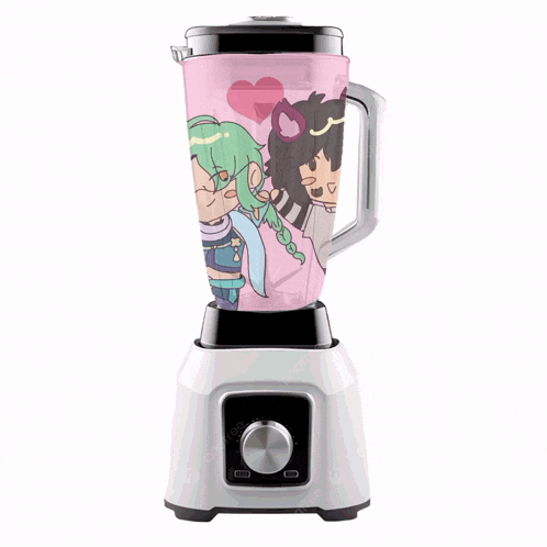 a blender with a pink and green design on the lid