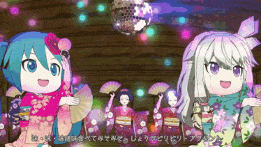 a group of anime girls are dancing in front of a disco ball in a room