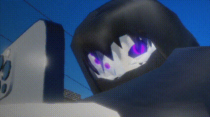 a cartoon character with purple eyes and a hood