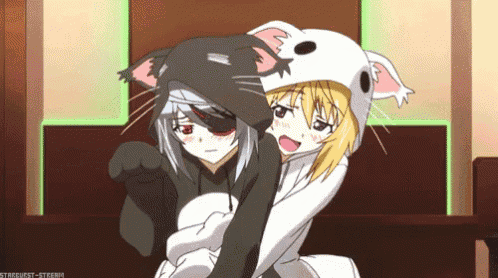 two anime girls are hugging each other and one is wearing a cat hoodie