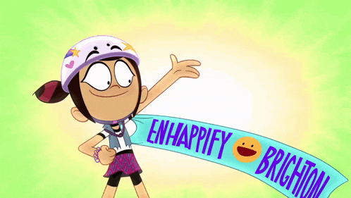 a cartoon character with a banner that says enhappify brighton