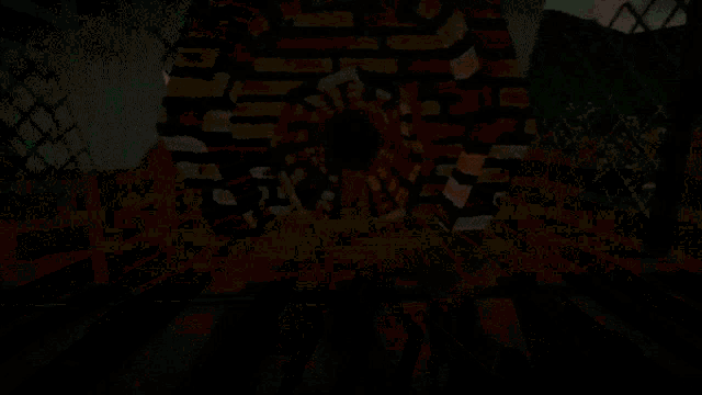 a painting of a tunnel with bricks and a green circle