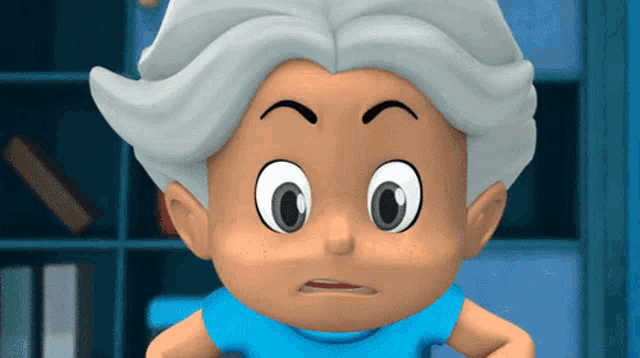 a cartoon character with gray hair and a blue shirt making a funny face