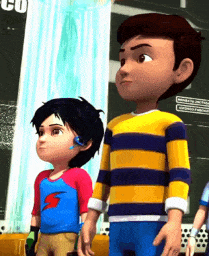 two cartoon characters are standing next to each other and one of them has a lightning bolt on his shirt