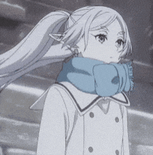 a girl with long white hair and a blue scarf around her neck