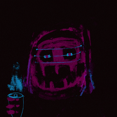 a purple and blue drawing of a face with braces