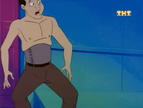 a cartoon shows a man with a corset around his waist and the words tht on the bottom
