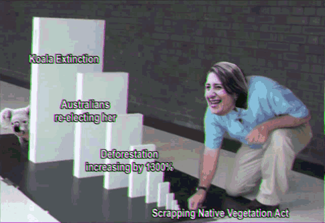 a woman is kneeling down next to a stack of dominoes with the words scrapping native vegetation act