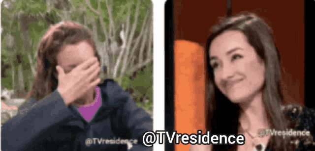 a woman covering her face with her hand next to a woman smiling with the words @tvresidence below her