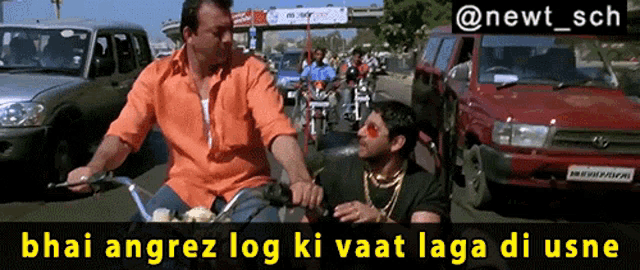 two men are riding motorcycles on a busy street with a caption that says " bhai angrez log ki vat laga di use "