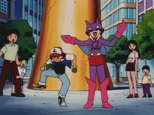 a group of cartoon characters including ash and a woman in a purple cat costume