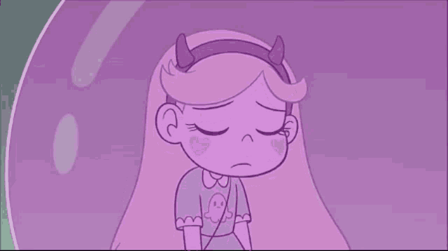 star butterfly from star vs the forces of evil is a purple cartoon character with horns and a sad face .