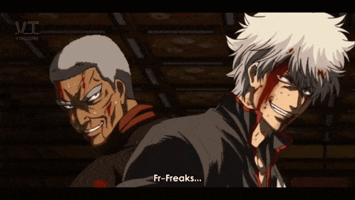 two anime characters are standing next to each other and one of them is saying fr-freaks