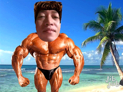 a cartoon of a bodybuilder standing on a beach with jib job written on the bottom right
