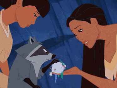 a cartoon of a raccoon and two women looking at something