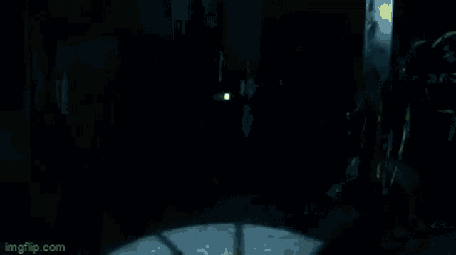 a woman is holding a flashlight in her hand in the dark .