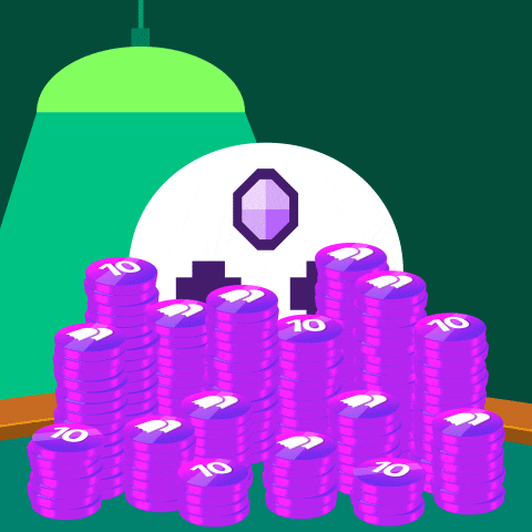 a stack of purple coins with the number 10 on it