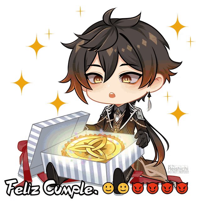a drawing of a boy holding a box that says feliz cumple on it