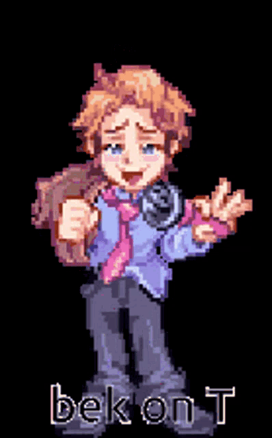 a pixel art of a boy holding a microphone and the words bekon t