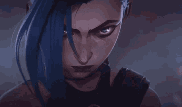 a close up of a woman 's face with blue hair and red lips .