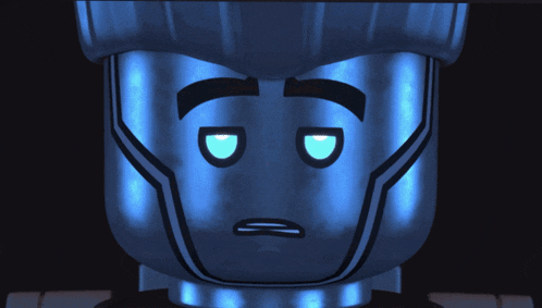 a close up of a lego figure with blue eyes