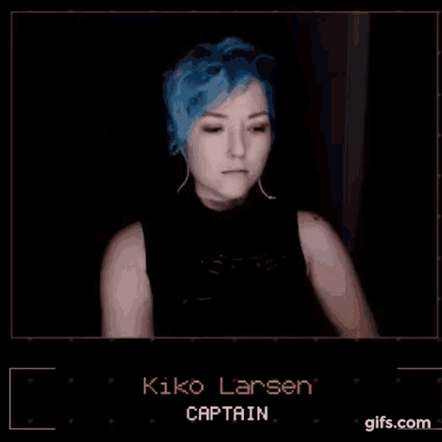 a woman with blue hair is wearing a black tank top and earbuds .