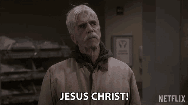 a man with a mustache is saying jesus christ on netflix