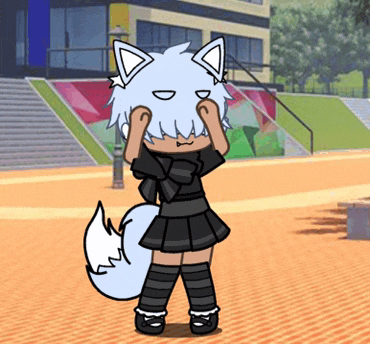 a girl with white hair and a white tail is standing in front of stairs