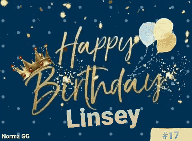 a happy birthday greeting card for linsey with balloons and a crown