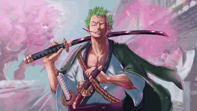 a man with green hair is holding two swords in his hands