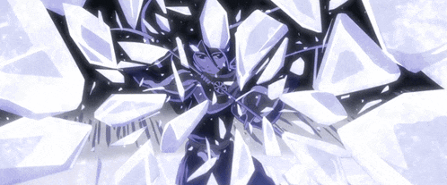 a purple and white drawing of a person with a sword in their hand