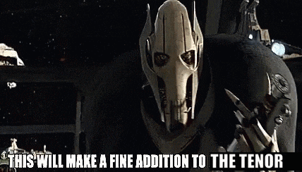 general grievous from star wars is wearing a helmet with the words this will make a fine addition to the tenor on it .