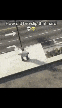 a man is standing on a sidewalk in front of a street with the words `` how did bro slip that hard '' written above him .