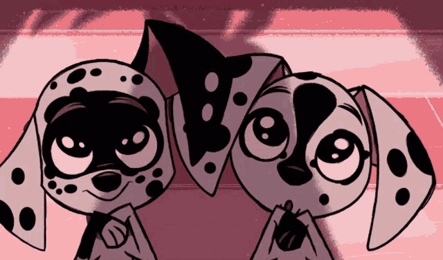 two dalmatian dogs are standing next to each other with their eyes closed