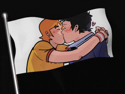 a cartoon of two men kissing on a black flag
