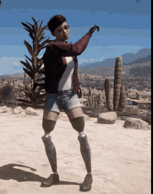 a woman with prosthetic legs stands in the desert