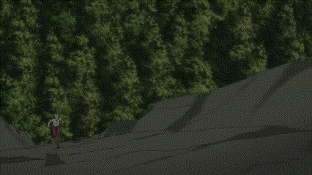 a pixelated image of a man standing in a forest with trees in the background