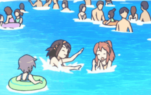a group of people are swimming in a pool and one girl is wearing a green float