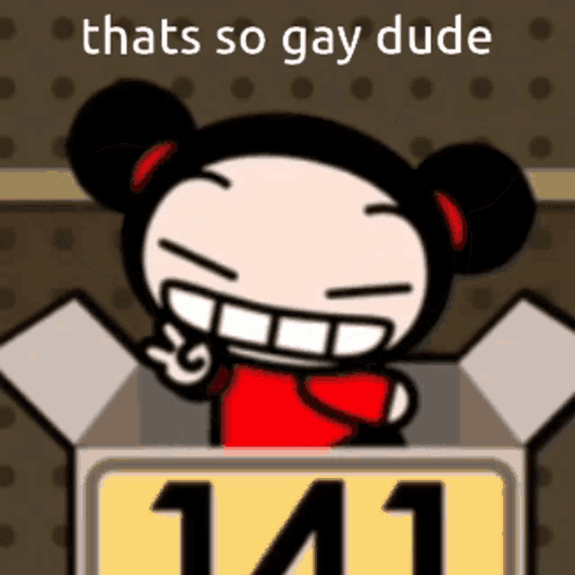 a cartoon character giving a peace sign in a box with the number 141 on it