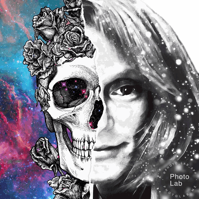 a black and white drawing of a woman with a skull and roses on her face