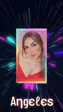 a woman in a red dress is surrounded by neon lights and the words angeles