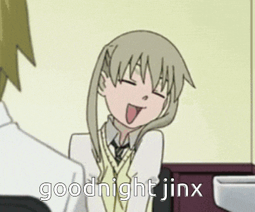 a cartoon of a girl saying goodnight jinx with her tongue out