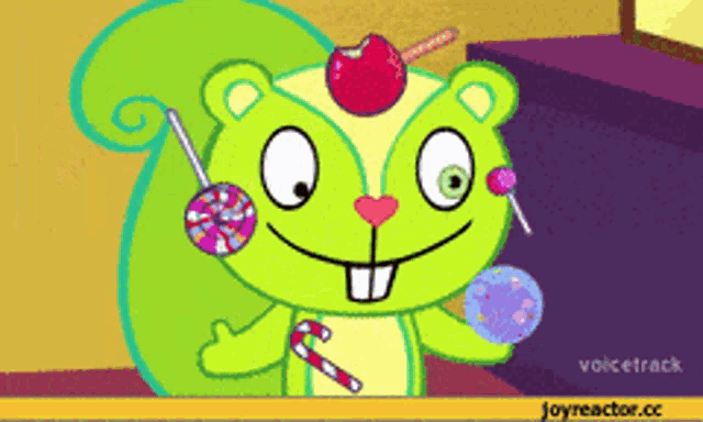 a cartoon of a squirrel holding two lollipops and a candy cane with a cherry on top