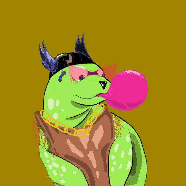 a cartoon of a frog blowing a pink bubble