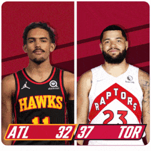 two basketball players from the hawks and raptors are standing next to each other