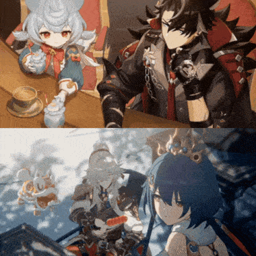 a man and a girl are sitting at a table with a cup of tea