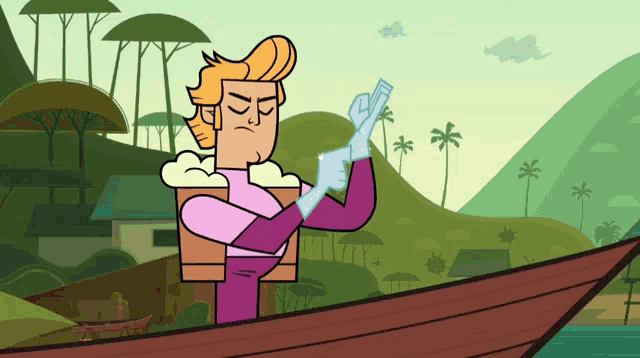 a cartoon of a man standing in a boat holding something in his hand